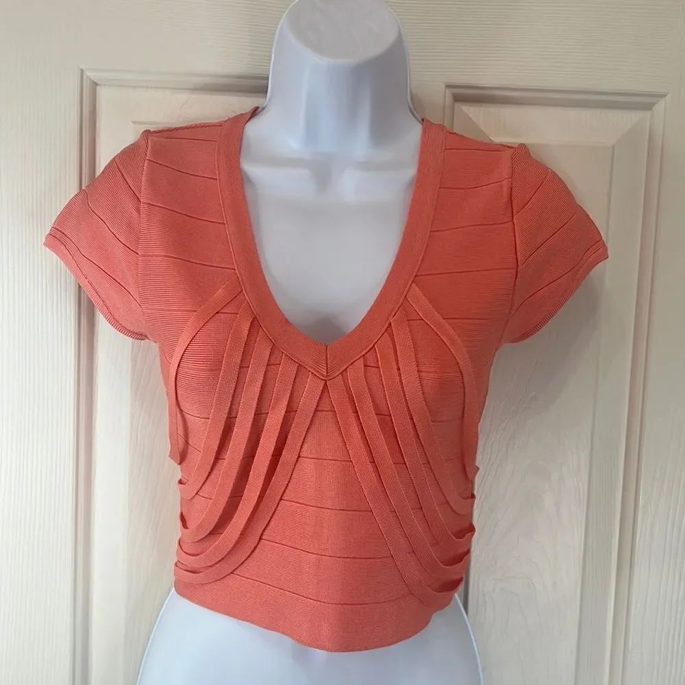 Bebe Crop Top V Neck Cap Sleeve Sz Small Fresh Salmon Coral Orange Rayon Spandex